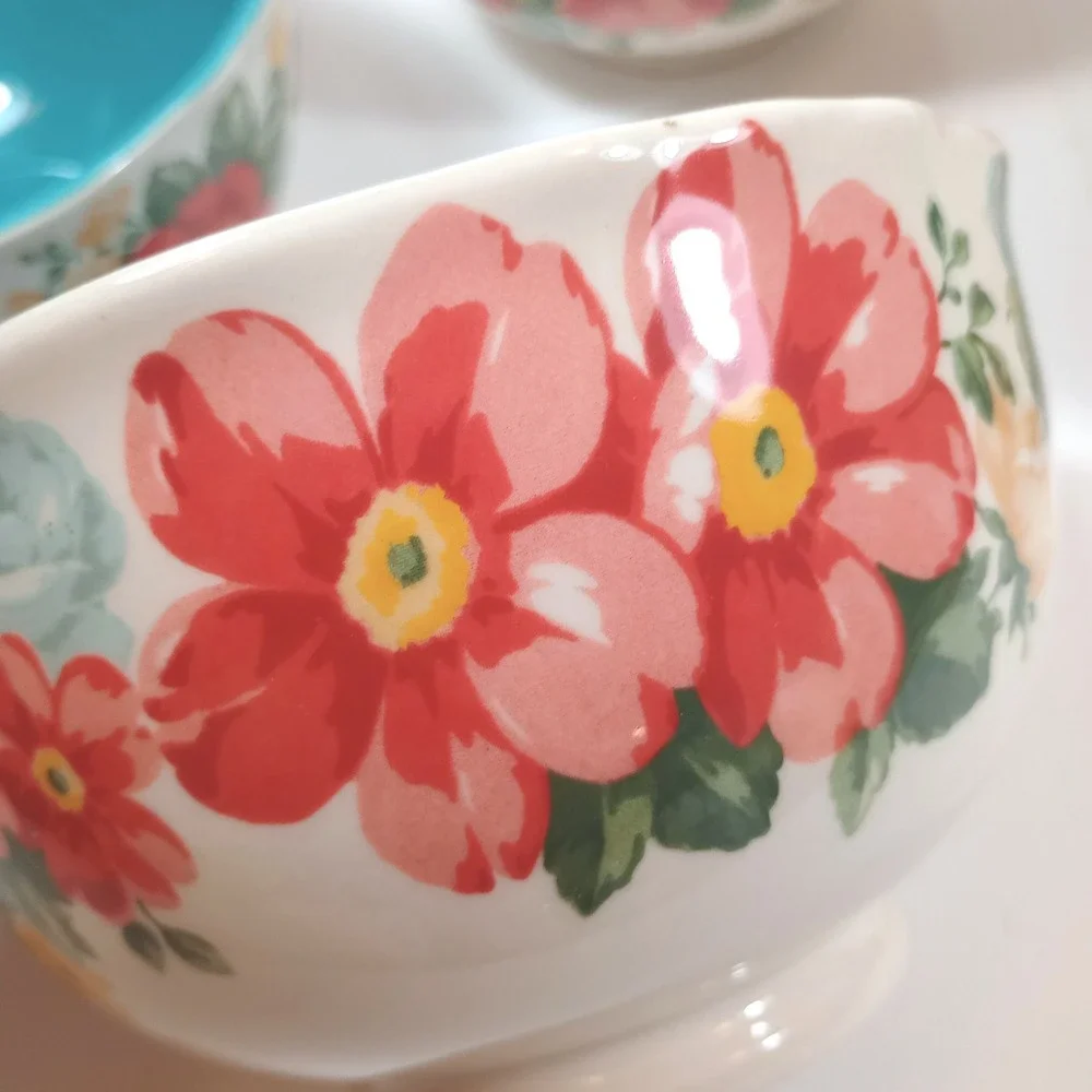 Vintage Pioneer Woman Floral Cereal Bowls Set of 4 Teal Stoneware 6'' 2015